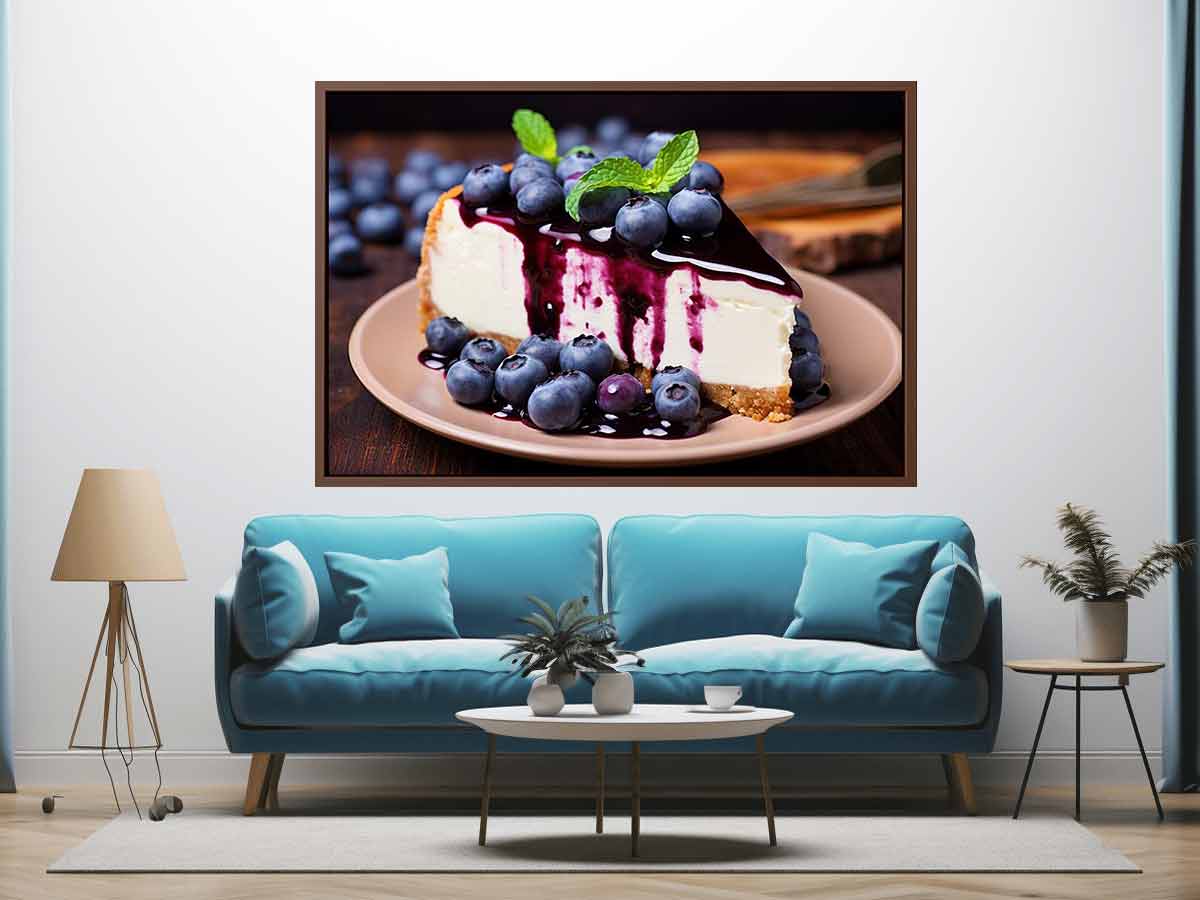 Close-up blueberry cheesecake wall art for kitchen, café, or dining room decor.