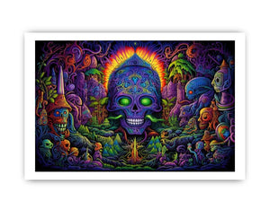 Psychedelic neon skull canvas art with surreal jungle details for bold modern decor.
