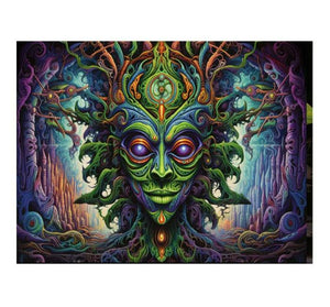 Surreal green fantasy mask canvas art for eclectic living room decor.