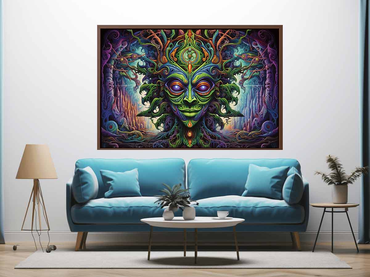 Surreal green fantasy mask canvas art for eclectic living room decor.
