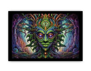 Surreal green fantasy mask canvas art for eclectic living room decor.