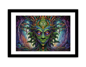 Surreal green fantasy mask canvas art for eclectic living room decor.