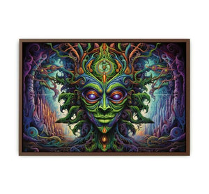 Surreal green fantasy mask canvas art for eclectic living room decor.