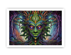 Surreal green fantasy mask canvas art for eclectic living room decor.