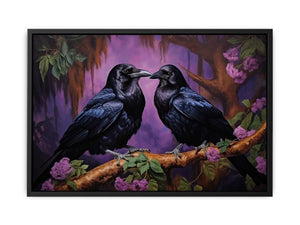 Two black ravens on a branch with purple flowers for moody room decor.