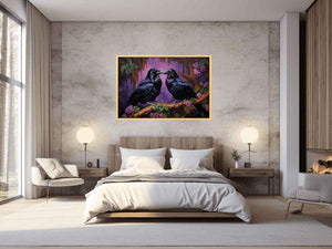 Two black ravens on a branch with purple flowers for moody room decor.