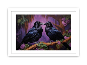 Two black ravens on a branch with purple flowers for moody room decor.