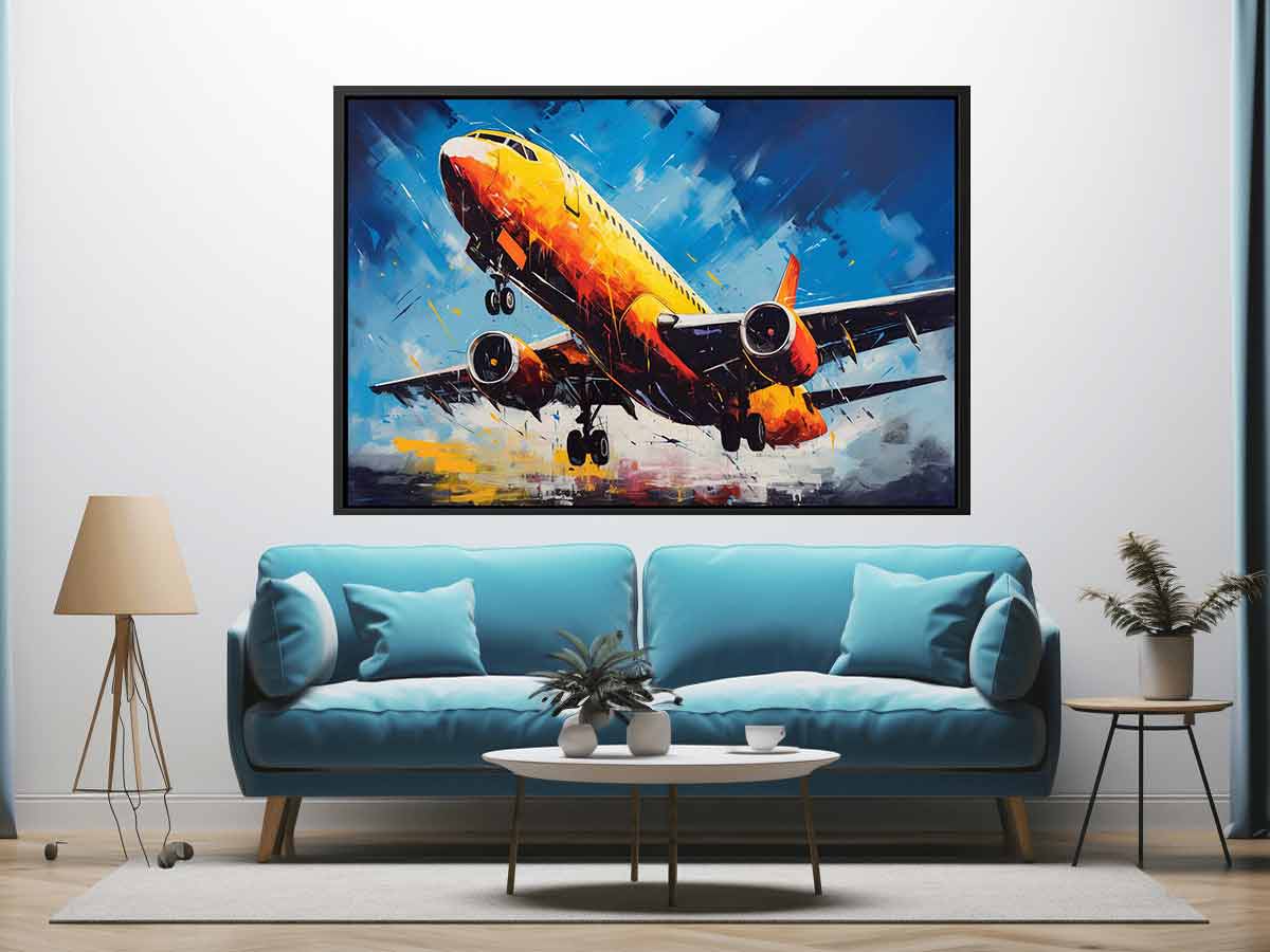 Bold yellow airplane canvas art for modern office or aviation room decor.