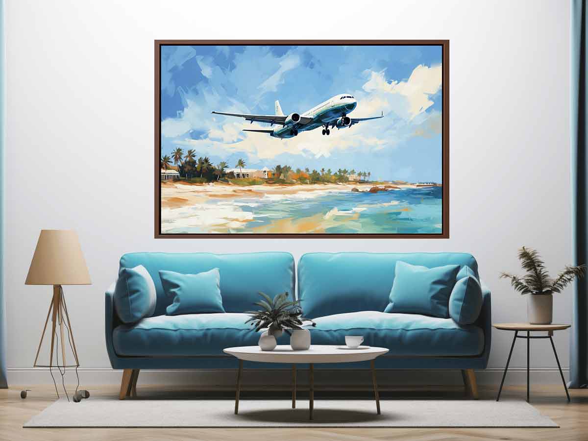 Passenger airplane over tropical beach canvas art for coastal home decor.