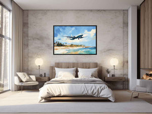 Passenger airplane over tropical beach canvas art for coastal home decor.