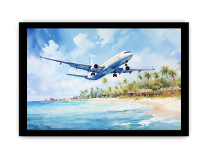 White airplane over turquoise beach canvas art for coastal room styling.