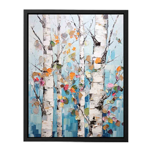 Textured birch tree canvas art with colorful leaves for modern room decor.