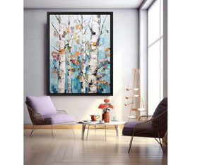 Textured birch tree canvas art with colorful leaves for modern room decor.