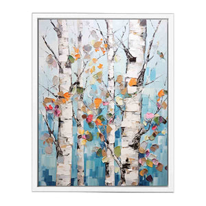 Textured birch tree canvas art with colorful leaves for modern room decor.