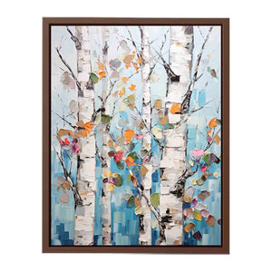 Textured birch tree canvas art with colorful leaves for modern room decor.