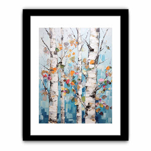Textured birch tree canvas art with colorful leaves for modern room decor.