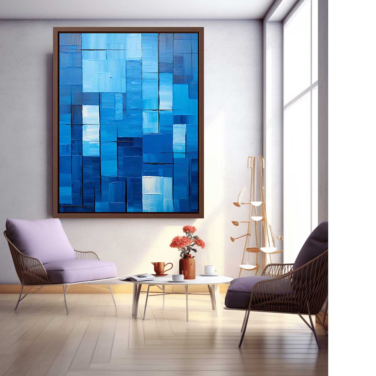 Blue geometric abstract canvas art for modern office or living room decor.
