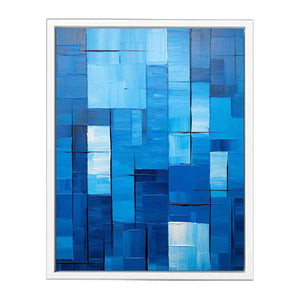 Blue geometric abstract canvas art for modern office or living room decor.