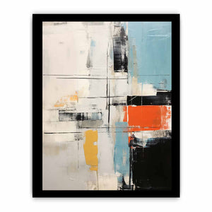 Contemporary abstract canvas art with orange, yellow, black, and blue accents.