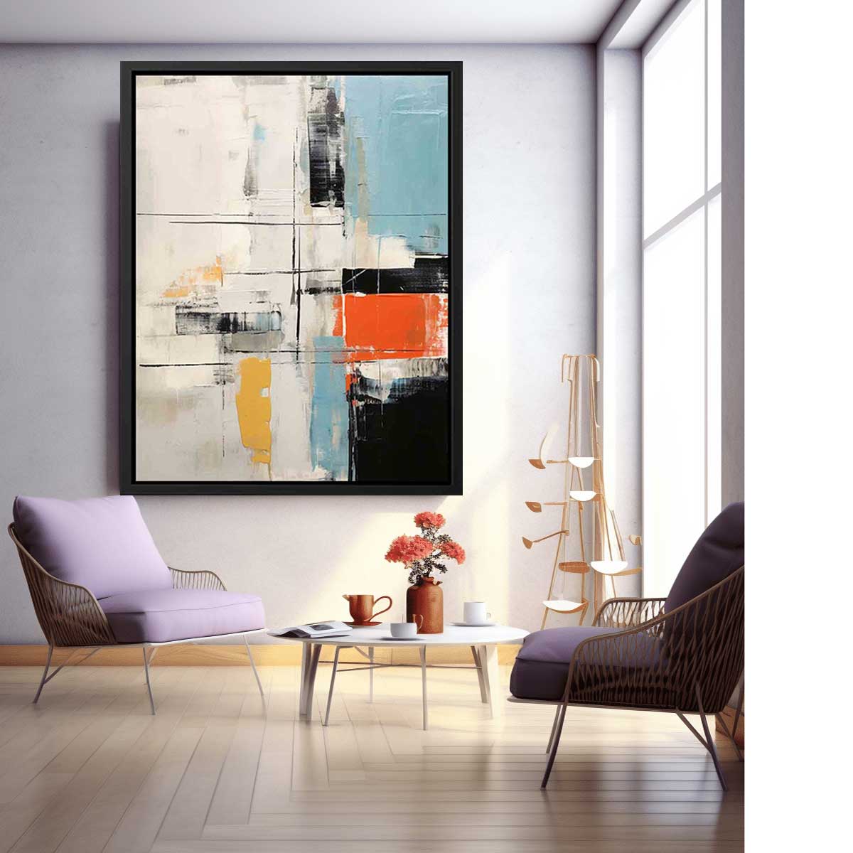 Contemporary abstract canvas art with orange, yellow, black, and blue accents.
