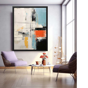 Contemporary abstract canvas art with orange, yellow, black, and blue accents.