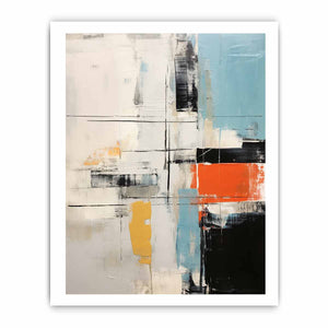 Contemporary abstract canvas art with orange, yellow, black, and blue accents.