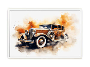 Vintage classic car canvas art with warm watercolor details for office decor.