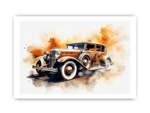 Vintage classic car canvas art with warm watercolor details for office decor.