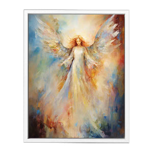 Ethereal angel canvas art with glowing wings for peaceful bedroom decor.