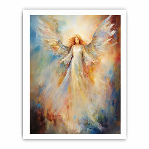 Ethereal angel canvas art with glowing wings for peaceful bedroom decor.
