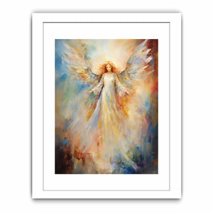Ethereal angel canvas art with glowing wings for peaceful bedroom decor.