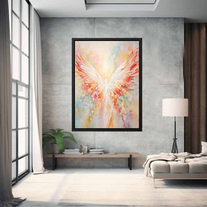 Soft pastel abstract angel wings canvas art for peaceful bedroom decor.