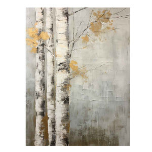 Neutral birch tree canvas art with gold accents for calm modern room decor.