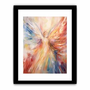 Colorful abstract angel canvas art with radiant wings for statement decor.