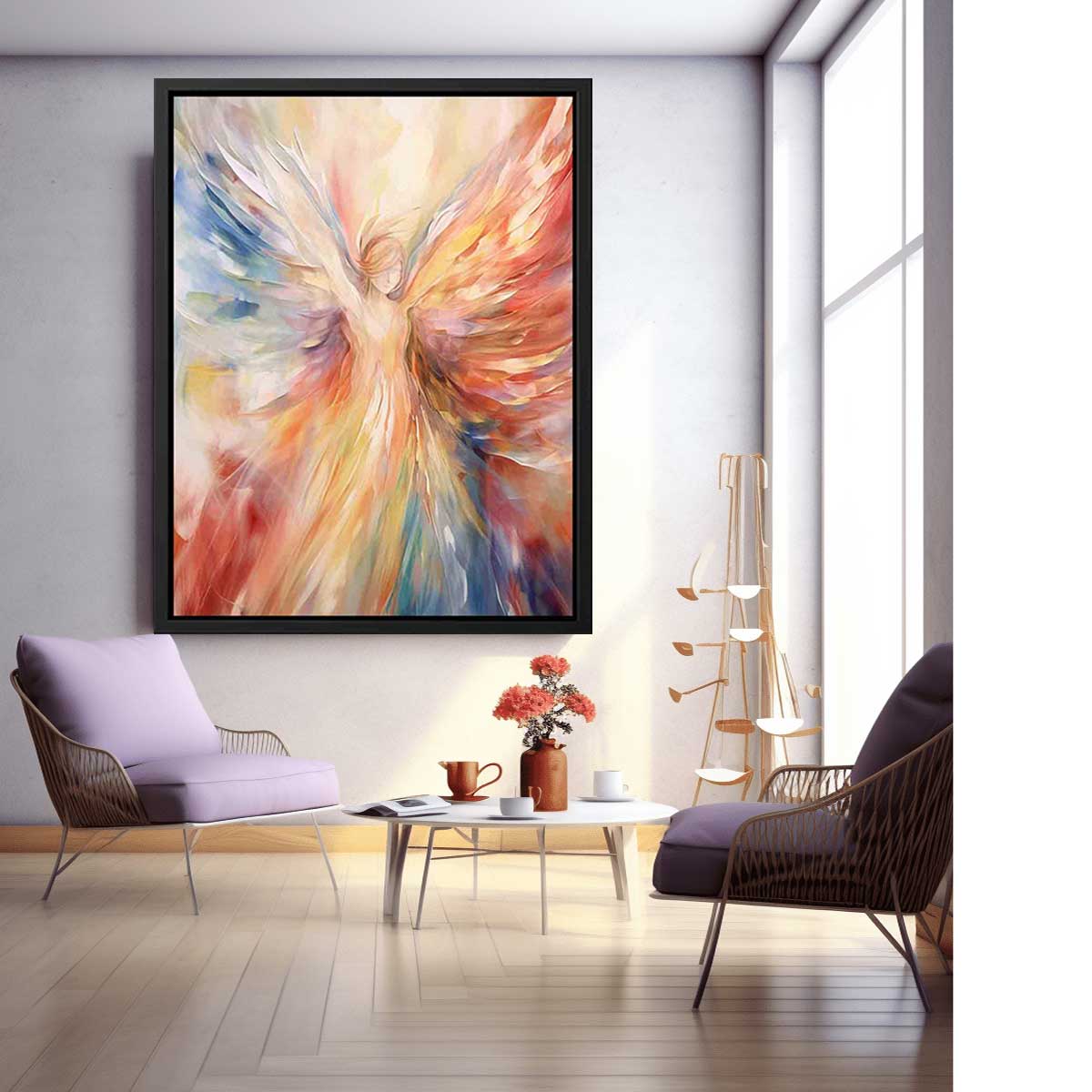 Colorful abstract angel canvas art with radiant wings for statement decor.