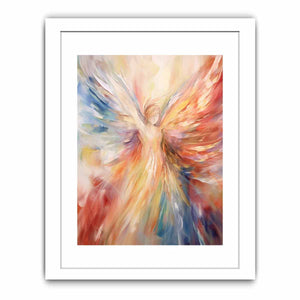 Colorful abstract angel canvas art with radiant wings for statement decor.