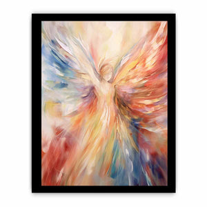 Colorful abstract angel canvas art with radiant wings for statement decor.