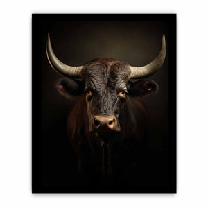 Moody bull portrait canvas art with horns for rustic living room or office decor.
