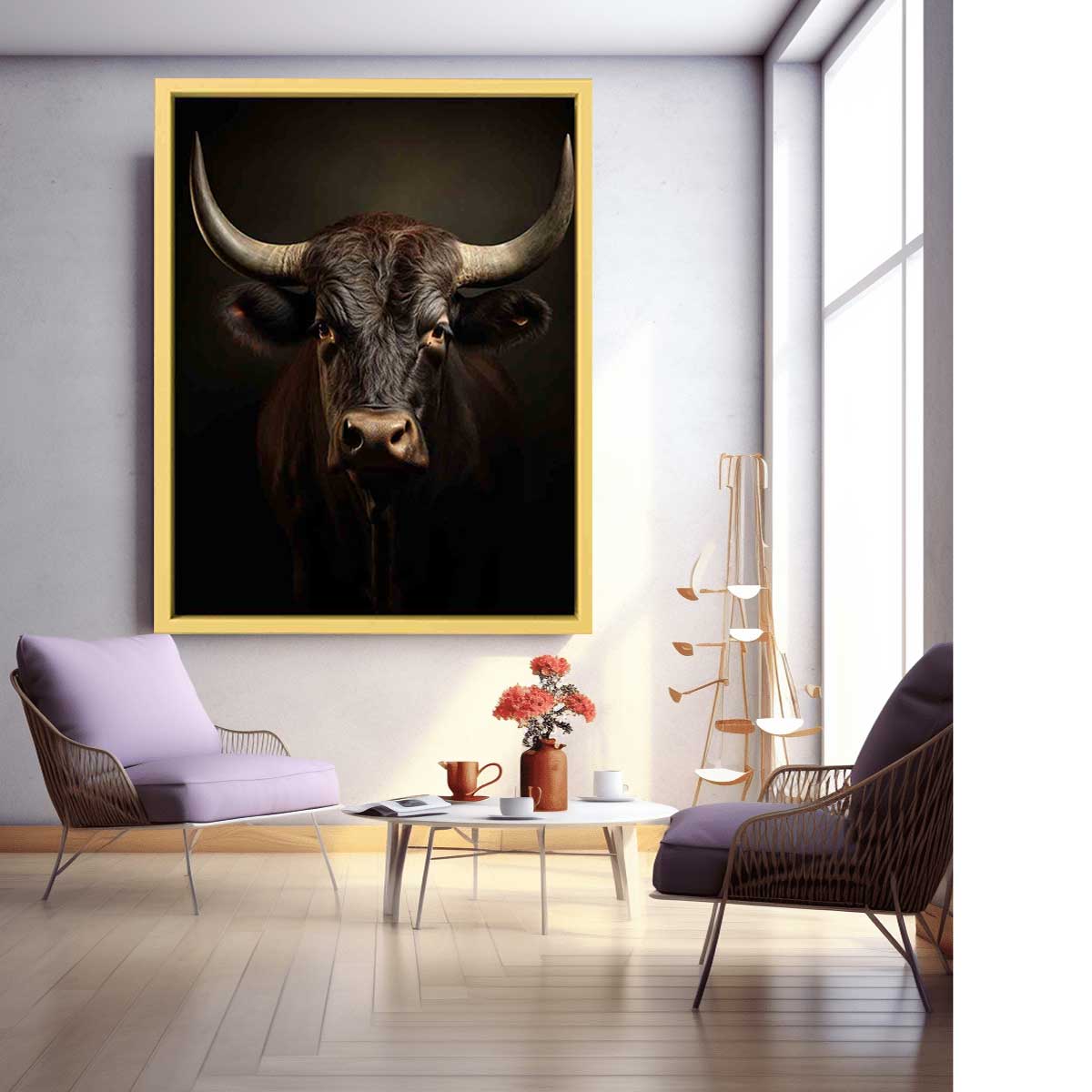Moody bull portrait canvas art with horns for rustic living room or office decor.