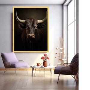 Moody bull portrait canvas art with horns for rustic living room or office decor.