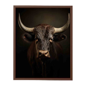 Moody bull portrait canvas art with horns for rustic living room or office decor.
