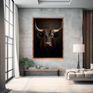 Moody bull portrait canvas art with horns for rustic living room or office decor.