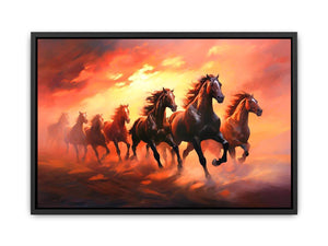 Seven running horses canvas art with fiery sunset for powerful office or living room decor.