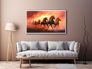 Seven running horses canvas art with fiery sunset for powerful office or living room decor.