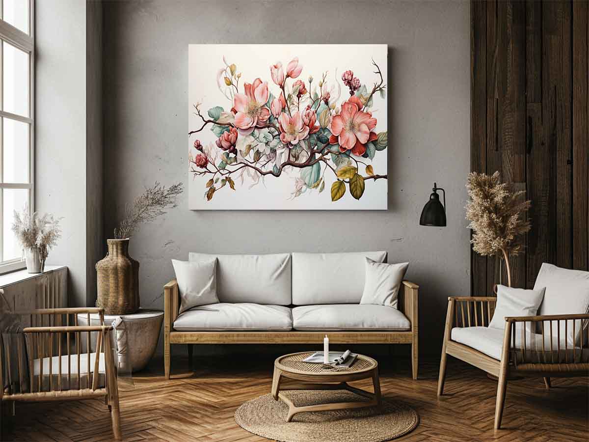 Soft blush botanical floral canvas art for elegant living room decor.
