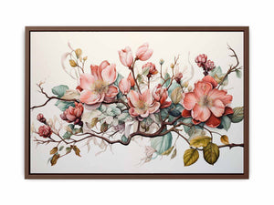 Soft blush botanical floral canvas art for elegant living room decor.