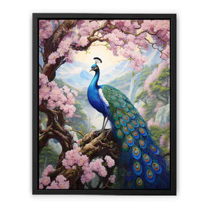 Vibrant peacock and pink blossom canvas art for elegant bedroom decor.