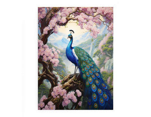 Vibrant peacock and pink blossom canvas art for elegant bedroom decor.