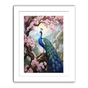 Vibrant peacock and pink blossom canvas art for elegant bedroom decor.