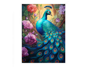 Bold teal peacock canvas art with roses for luxury living room decor.